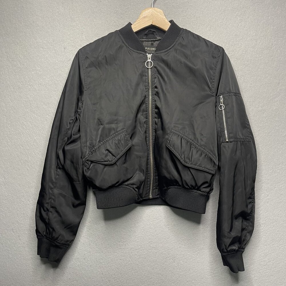 Pull&Bear Womens Black Cropped Bomber Jacket S